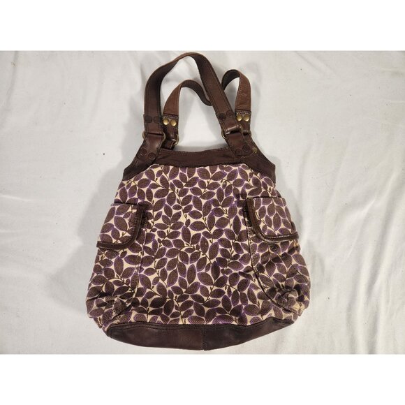VTG Y2K Lucky Brand Boho Hobo Bag Purse Leather Canvas Leaf Print Multi Pocket M - Picture 1 of 7